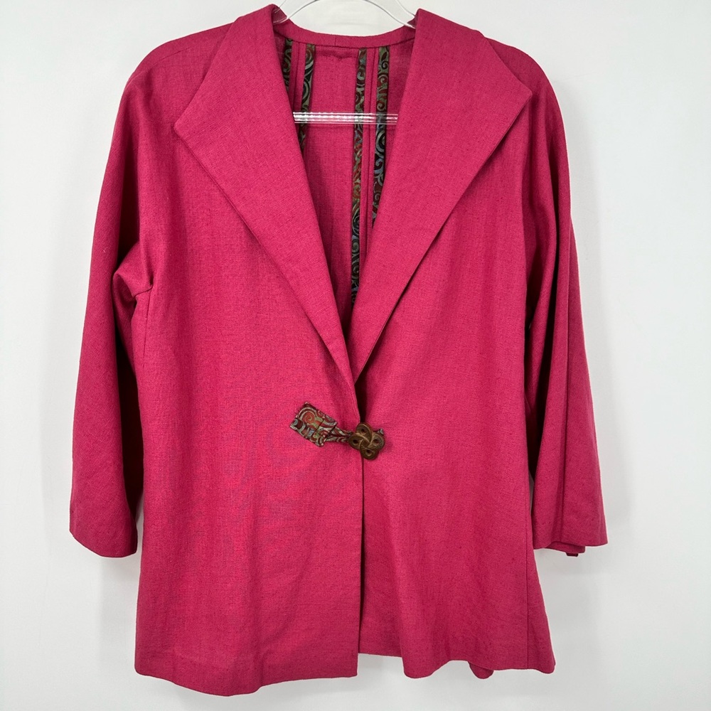 Linen Blend Blazer Jacket Large Collar Wood Closure Small Medium Pink